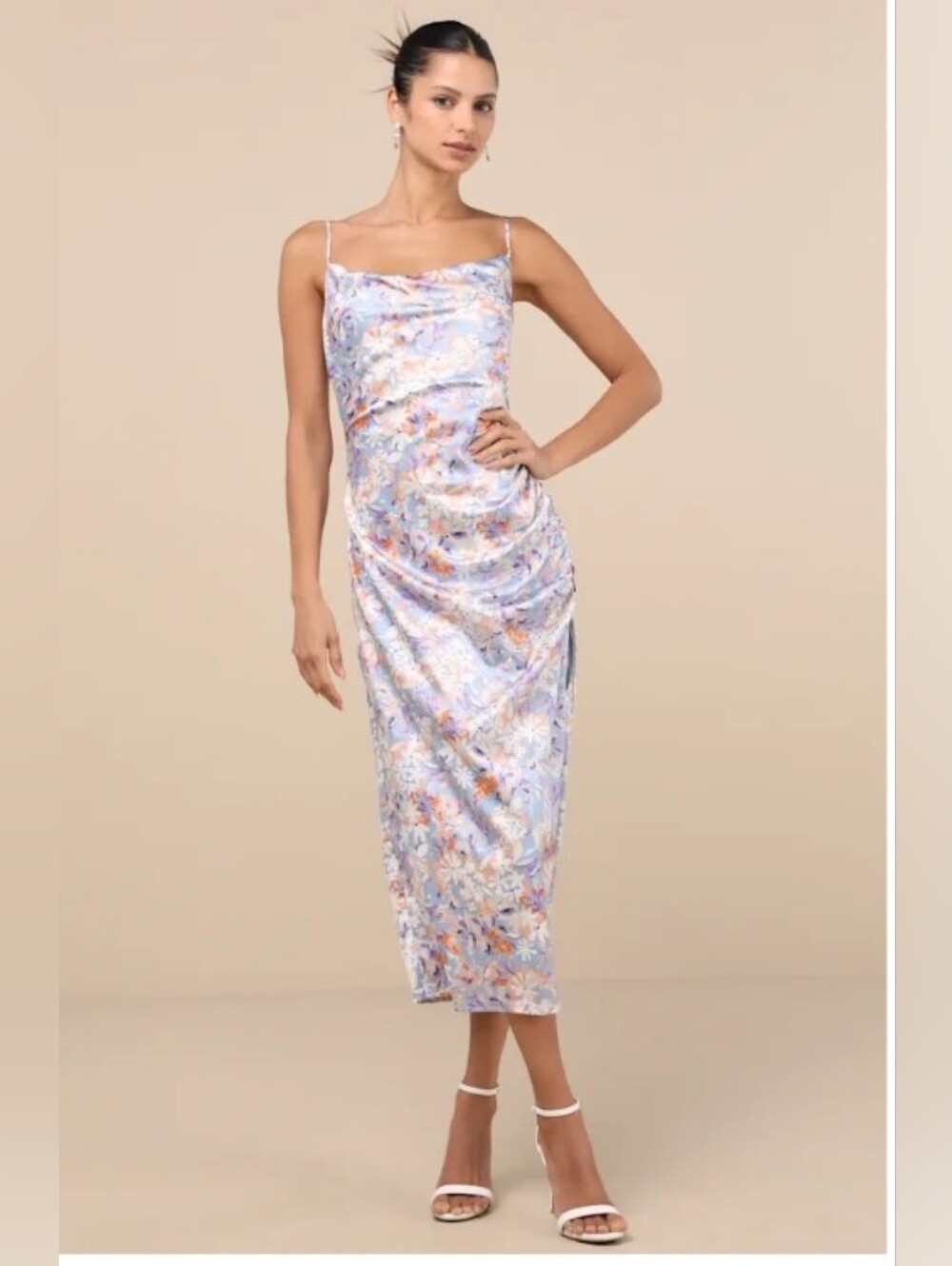 NWT Lulu's Truest Romance Slate Floral Print  Ruched Midi Dress Size Medium
